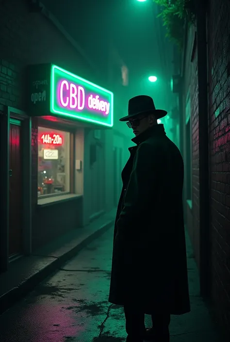 Créé des images dune ruelle sombre avec un homme sombre chapeaux noir lunette de soleil noir smoking vert style mafia  " éclairé par un CBDshop avec un panneau Led lumineux  vert et violet écriture "traumatrixe.62 " sur la haut de la façade "OPEN 14H-20H" ...