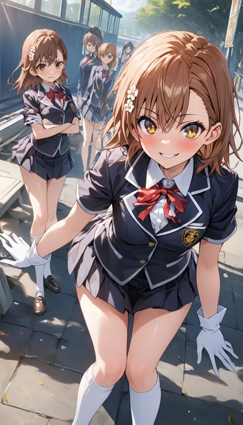 Ultra-high definition image quality、beautiful girl、Misaka Mikoto、high school girl、A Certain Scientific Railgun 、Blazer Uniform、Short pleated skirt、Sparkling eyes、Sparkling eyes、Schoolyard、Highest quality,Stand with your feet apart、Model standing、A devilish...