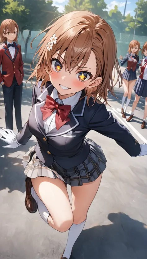 Ultra-high definition image quality、beautiful girl、Misaka Mikoto、high school girl、A Certain Scientific Railgun 、Blazer Uniform、Short pleated skirt、Sparkling eyes、Sparkling eyes、Schoolyard、Highest quality,Stand with your feet apart、Model standing、A devilish...