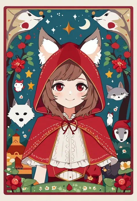 Postcard Design, The Story of Little Red Riding Hood, Flat Design, Vector illustration, Graphic Illustration, Detailed 2D illustrations, Flat Illustration, Digital Illustration, Digital Art,(Upper Body)、Wolf、Mini Characters、SD character、smile