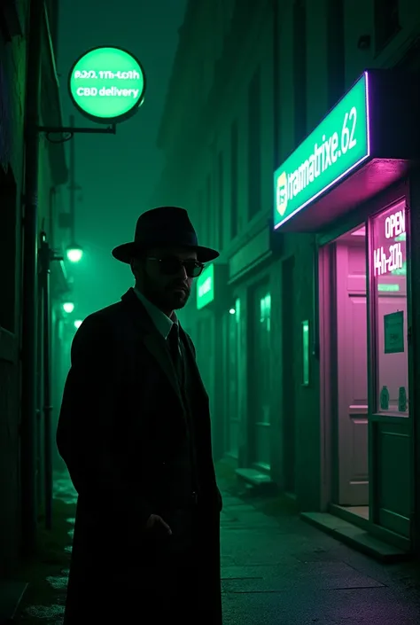  images dune ruelle sombre avec un homme sombre chapeaux noir lunette de soleil noir smoking vert style mafia  " éclairé par un CBDshop avec un panneau Led lumineux  vert et violet écriture "traumatrixe.62 " sur la haut de la façade "OPEN 14H-20H"  sur le ...