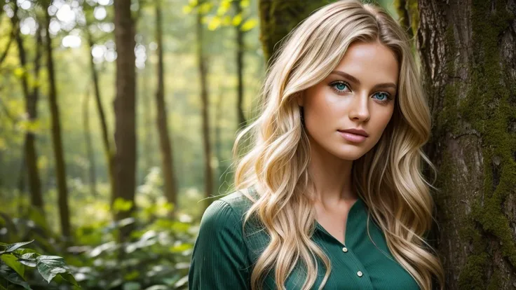 Gorgeous blonde woman in a forest green dress, wavy hair, blue-gray eyes, natural sunlight, professional photography, extremely detailed skin texture, high-resolution, 85mm lens, photorealistic, Kodak Vision Colors, outdoor setting.