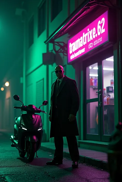  images dune ruelle sombre avec un homme sombre  lunette de soleil noir smoking vert style mafia avec un scooter noir et casque noir   " éclairé par un CBDshop avec un panneau Led lumineux  vert et violet écriture "traumatrixe.62 " sur la haut de la façade...