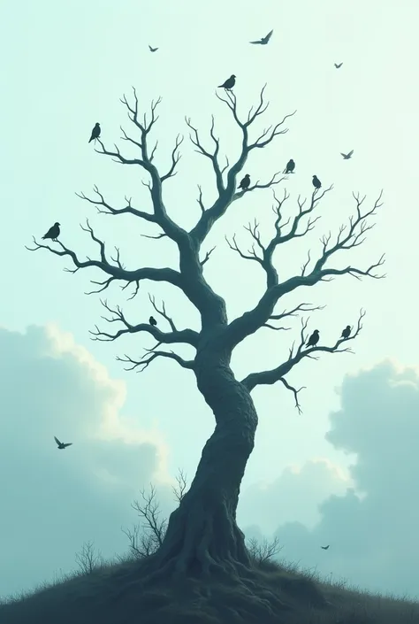 A dead tree with birds and clouds