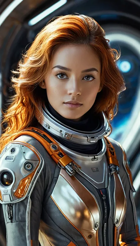 Create a highly detailed, realistic digital illustration of a young female astronaut in a futuristic orange and metallic space suit. The suit is equipped with various mechanical components, tubes, and devices, blending technology with natural elements. Her...