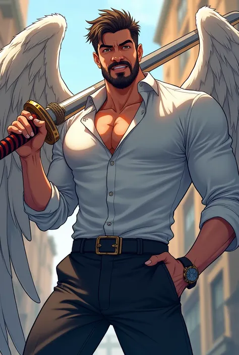 angel (naughty man) with beard, holding an epée, in anime 