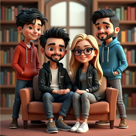 two cute of males (wearing red hoodie, black hair and wearing blue hoodie, black hair) standing behind a sofa. a cute couple of (man, black hair, very little beard, wearing black jacket, watch, brown leather shoes and woman, long blonde hair, little fat, w...