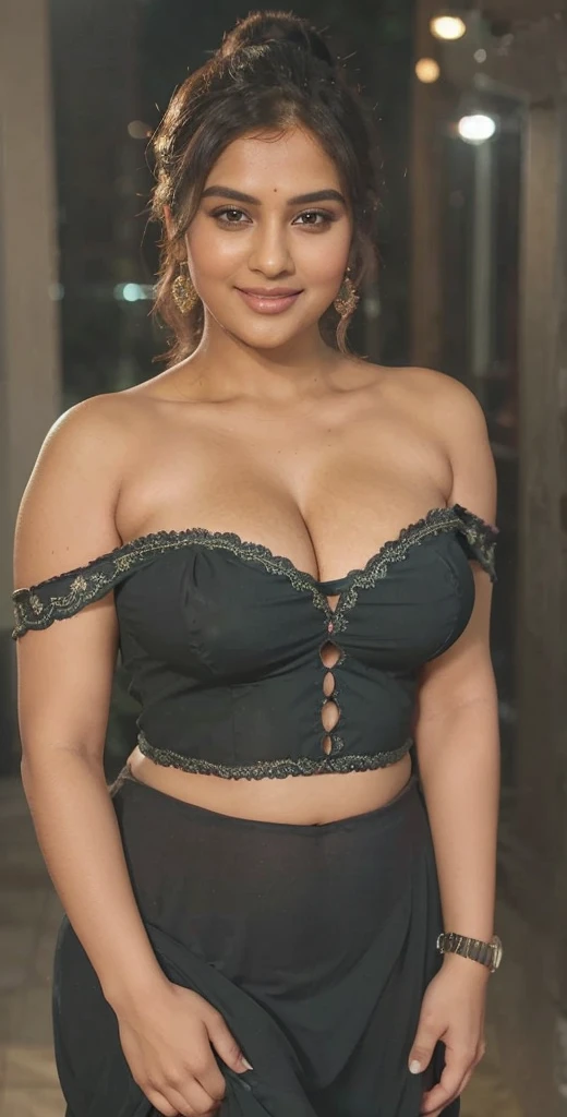 close up full body of a Indian bbw curvy t4mm, seductive, deep cleavage, very big breasts,belley button visible,looking at viewer, smile, ponytail, light green colour half embroidered strapless deep neck chiffon lehenga, from top view, night scene,