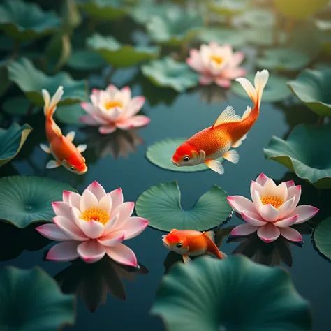 (Lotus), In the lotus pond, several goldfish shuttle among the lotus flowers, forming a harmonious scene together with the lotus flowers. The main colors are the natural hues of lotus flowers and the vibrant colors of goldfish. The light and shadow are mai...