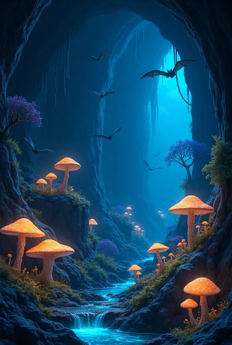 Small Mushroom cave have many species mushroom ,dark cave, blue glowing mushroom in dark cave, bat cave, have chest, mushrooms trays