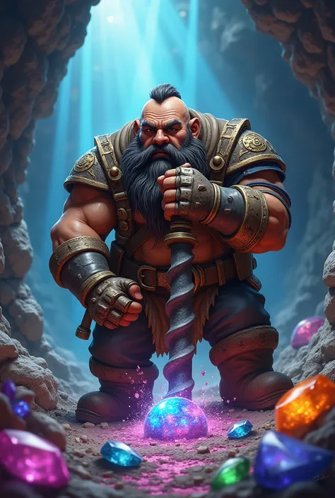 dwarf miner using drill on the ground, looking for precious colorful and shiny stones, fantasy