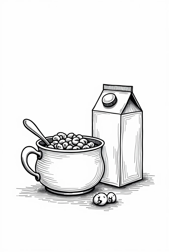 Make a black and white coloring book style drawing. The white background, the black lines. A round pot with milk and cereal inside with a spoon resting on it. Next to it a carton of milk. The drawing must be very cute.
