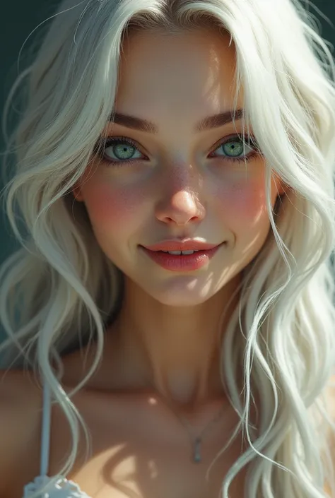 white hair, woman with green eyes dimples on her cheek , upturned nose, long beautiful hair , blue colored eyes , sex, smiling