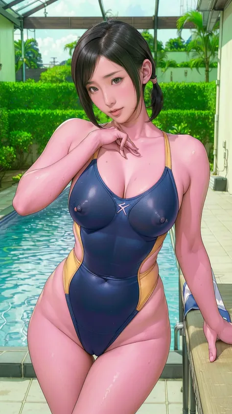 Highest quality, Official Art, masterpiece, Fabric Shading, High resolution, Very detailed, colorful, Indoor swimming pool, Best details, (Adult,30 years old, Mature Woman, conversion:1.5, Female dog, Very short hair, Black Hair, Bobcut、Twin tails、clear, B...