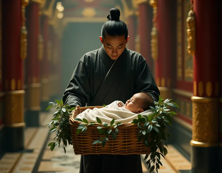 The child was put to sleep in a bamboo basket covered with false leaves and sent out of the palace with a trusted servant.
