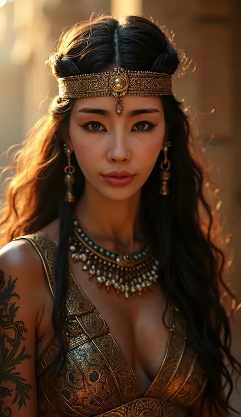 Cleopatra in her craft and her long light brown hair , 35 years of experience. His keen focus and intense gaze forward seem to pierce through the darkness of ancient Egypt, Revealing Hidden Truths and Mysteries. The intricate details of their traditional r...