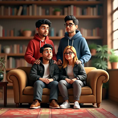 two cute of males (wearing red hoodie, black hair and wearing blue hoodie, black hair) standing behind a sofa. a cute couple of (man, black hair, very little beard, wearing black jacket, watch, brown leather shoes and woman, long blonde hair, little fat, w...