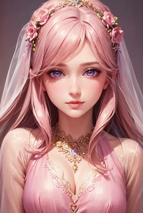 a gorgeous girl in a pink dress, beautiful detailed eyes, beautiful detailed lips, extremely detailed face and features, long eyelashes, delicate and elegant, soft lighting, warm color tones, high quality, detailed painting, intricate details, photorealist...