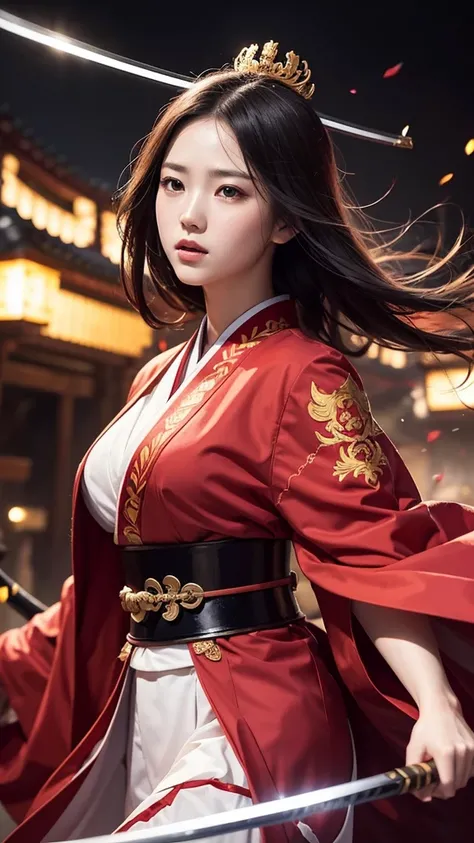 Create a detailed and vibrant illustration of Empress Jingo (Empress Jingu) in a dramatic battle scene. She should be depicted in traditional Japanese attire, including a detailed kimono, and portrayed as an attractive, voluptuous woman with prominent feat...