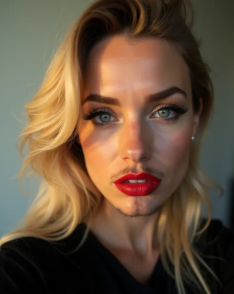 A beautiful 1 woman wears a black top and has a braid and she wears red lipstick and black eyeliner and she has blonde hair and blue eyes and her face is hairy and she took a selfie where her face is illuminated by the sun and you can clearly see her facia...