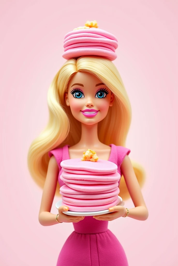 Create a logo of Barbie holding pink pancakes, with one on the head

