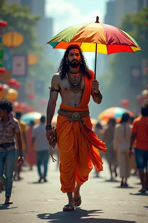 Imagine Mahadev Ji, the revered Hindu deity, strolling down a bustling road. He holds a colorful umbrella in his hand, which contrasts with his traditional attire and the lively urban backdrop. The scene blends the divine with the everyday, showcasing Gane...