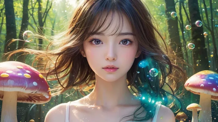 Nashida (masterpiece), (best quality), (Extremely detailed),(Messy hair),(illustration), (1 Girl), Beautiful and delicate eyes,Delicate and beautiful face,floating,(High Saturation),(Colorful splash),Colorful bubbles,(shining),Focus on the face, Walking in...