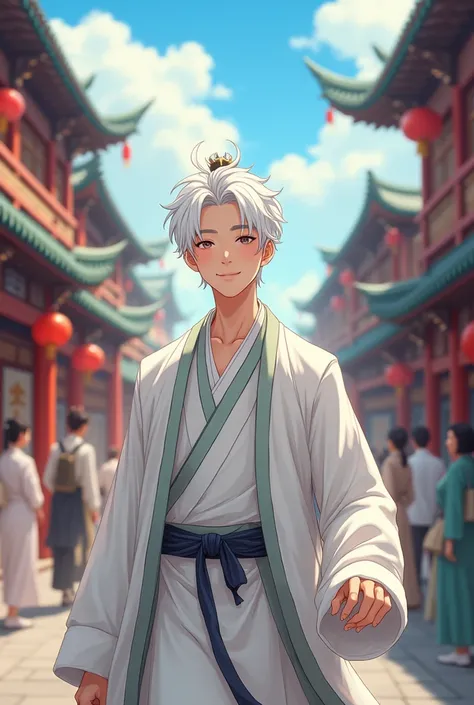 white hair, Song Dynasty, China, on the street, teenager, boy，smile，White clothing，Anime style， 1, Handsome, tall