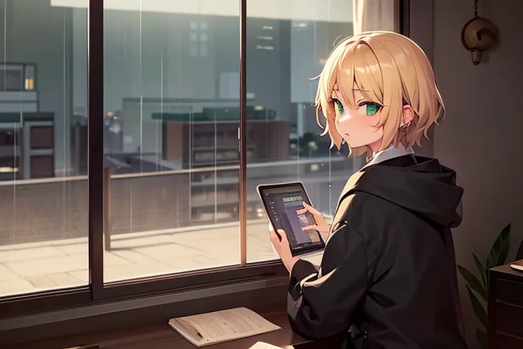 blond curled short hair, septum piercing, green eyes, strong anime girl studying with laptop, looking out of the window, rainy evening, cat playing in the background. cozy one room apartment