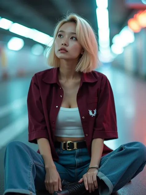 from below, Japanese woman, pretty face, bob hair, blond hair, background blur, background is future road, motion blur, chromatic aberration, knee high, upward glance, motion blur, Photo_Curly, real,  maroon Fredperry polo shirt, white tank top,  denim pan...