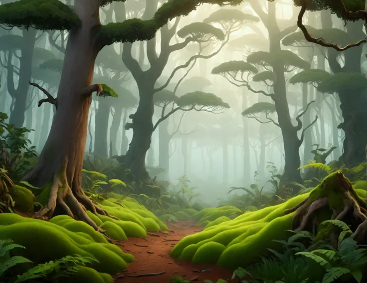 Forest with fog and also cartoon styles