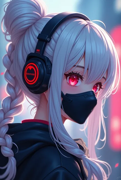 white hair, big hair, braided bun, short hair, mouth mask, headphones, red eyes, light smile, anime style, depth of field, from side, masterpiece, high details, high quality, best quality, 4K, UHD