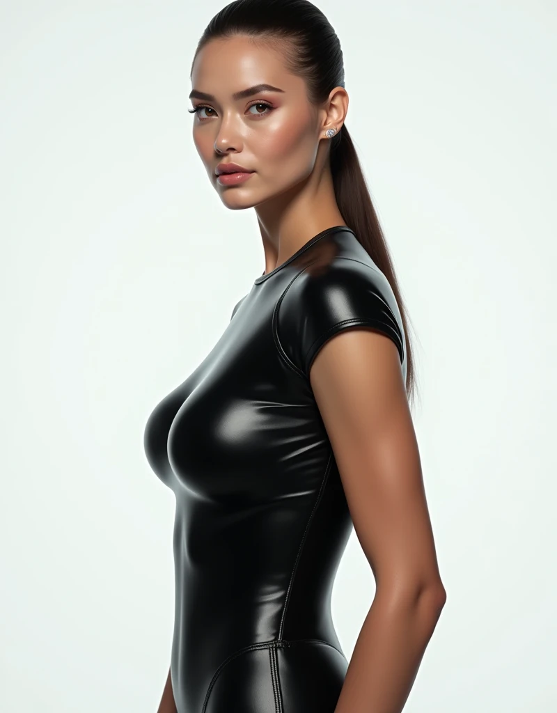 A beautiful woman in a skin-tight rubber bodysuit, standing upright and facing the viewer with an emotionless expression, against a white background, (best quality,4k,8k,highres,masterpiece:1.2),ultra-detailed,(realistic,photorealistic,photo-realistic:1.37...