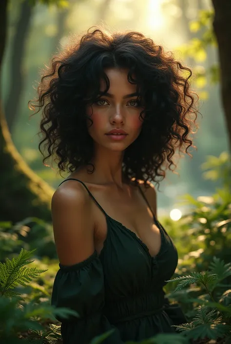 A hot girl with black curly hair in a forest

