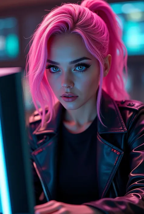 ((Best quality)), ((masterpiece)), (highly detailed:1.3), 3D, beautiful (cyberpunk:1.3) a hacker woman with pink hair wearing a leather jacket with neon lights , a black t-shirt, siting in a chair, operating a computer terminal , (focus on face), (detailed...