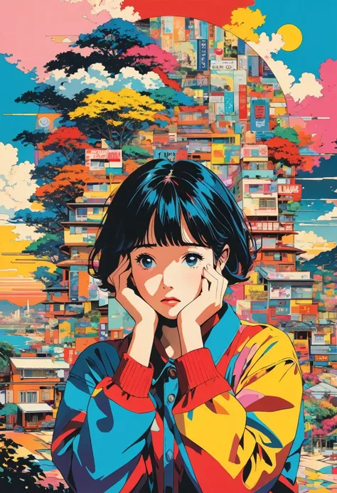 (masterpiece, best quality,ultra highres),flat color,(collage art),((A boy with his head in his hands, a desperate look on his face,)),nostalgic melancholic artwork,lofi girl, cmyk palette, illustration by hiroshi nagai,artistic collage,