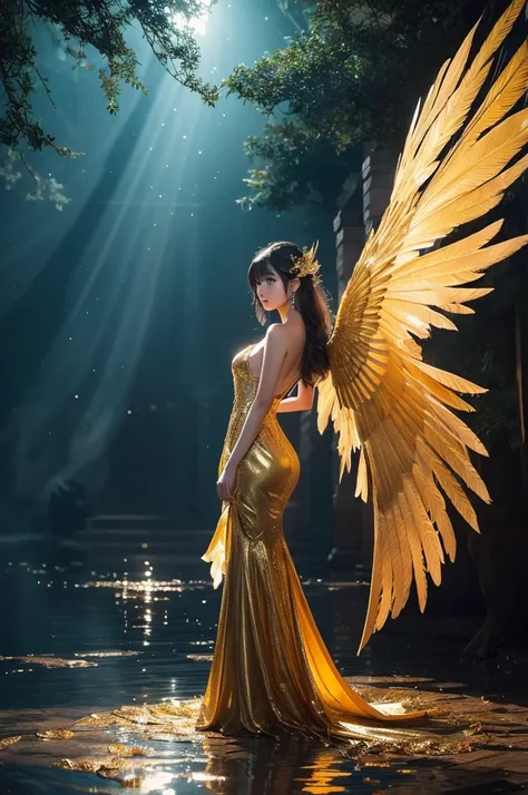 The prompt in this image is、I draw gorgeous, fairy-like beautiful Japanese girls.。Her eyes are big、It is characterized by its brilliant color、It emphasizes the mysterious atmosphere.。The costumes are、In a gorgeous black and gold dress、She has large, transp...