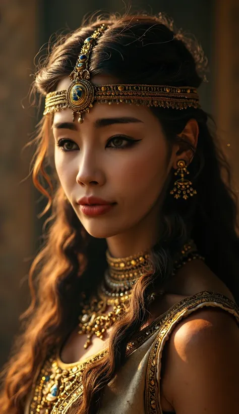 Cleopatra in her craft and her long light brown hair , 35 years of experience. His keen focus and intense gaze forward seem to pierce through the darkness of ancient Egypt, Revealing Hidden Truths and Mysteries. The intricate details of their traditional r...