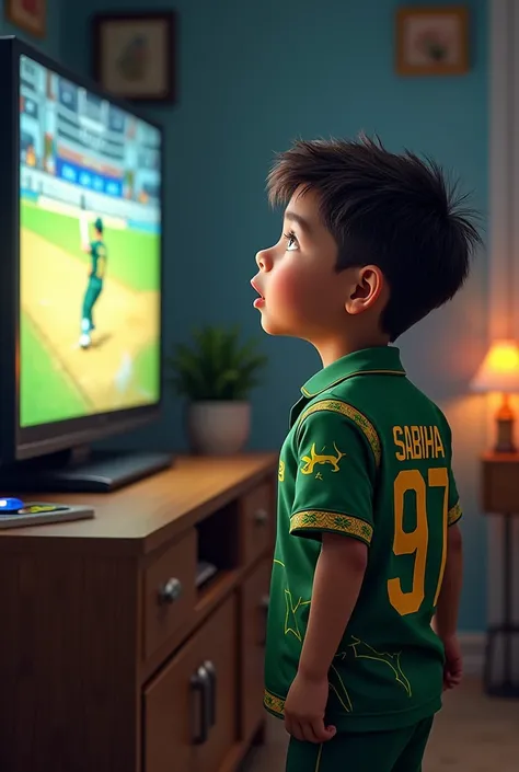 A boy is wearing pakistani jersey Jersey name is Sabha  and no. Is 97
And watching match in the television 