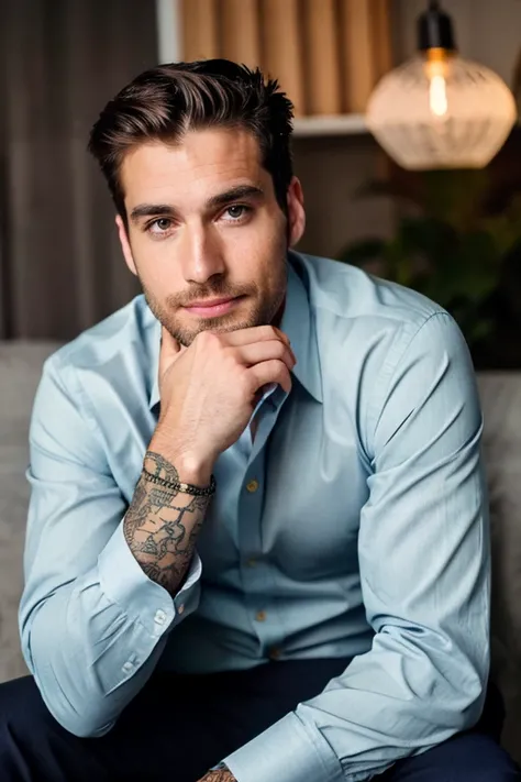 Best Quality,4k,8k,High resolution,masterpiece:1.2),ultra detailed man 2,Handsome guy, perfect face,, Sweet ,Perfect lighting taken in 2021, man with tattoo on his neck, Navy blue button down shirt, MALE MAN, white skinned man sitting, realistic male photo...