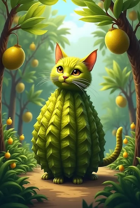 Draw a cat, where the cat is standing in a jackfruit garden. . His body looks like a jackfruit.