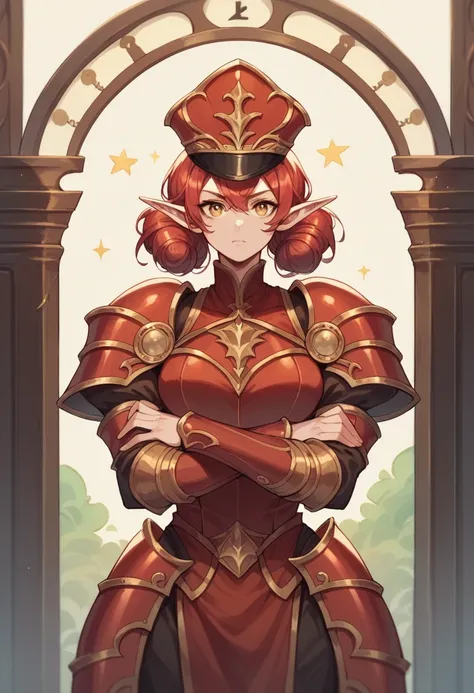 cowboy shot, elf, elf ears, red hair, large twin tails, Amber eyes, crossed arms, red armor, puffy hair, large chest , conductor hat, shako cap