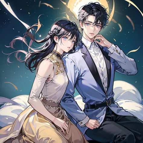 (((2 people))),High resolution,  Starry Sky, (((Narrow eyes))) , ((((Half-open eyes)))), Slicked back hairstyle and shoulder-length curly hairstyle,Golden Eyes, ((((boy&boy))))Black and silver hair,Parted bangs, White skin,shirt, Slanted Eyes, Three white ...