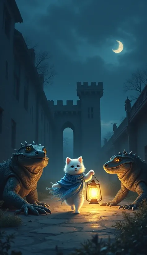 "In the dark night, the giant lizards approached the kingdom. They fell dead. Mimi, a white fur kitten with a fluttering blue shawl, carried a royal lantern that radiated bright light.