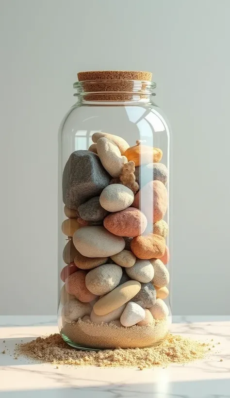 An image of a jar fully filled with sand , pebbles and rocks
Make it hyper realistic and vibrant.