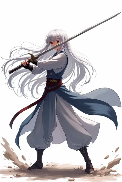 Girl with long white hair and bangs covering her eyes, holding a long sword in front of the body, anime style white background V2, battle