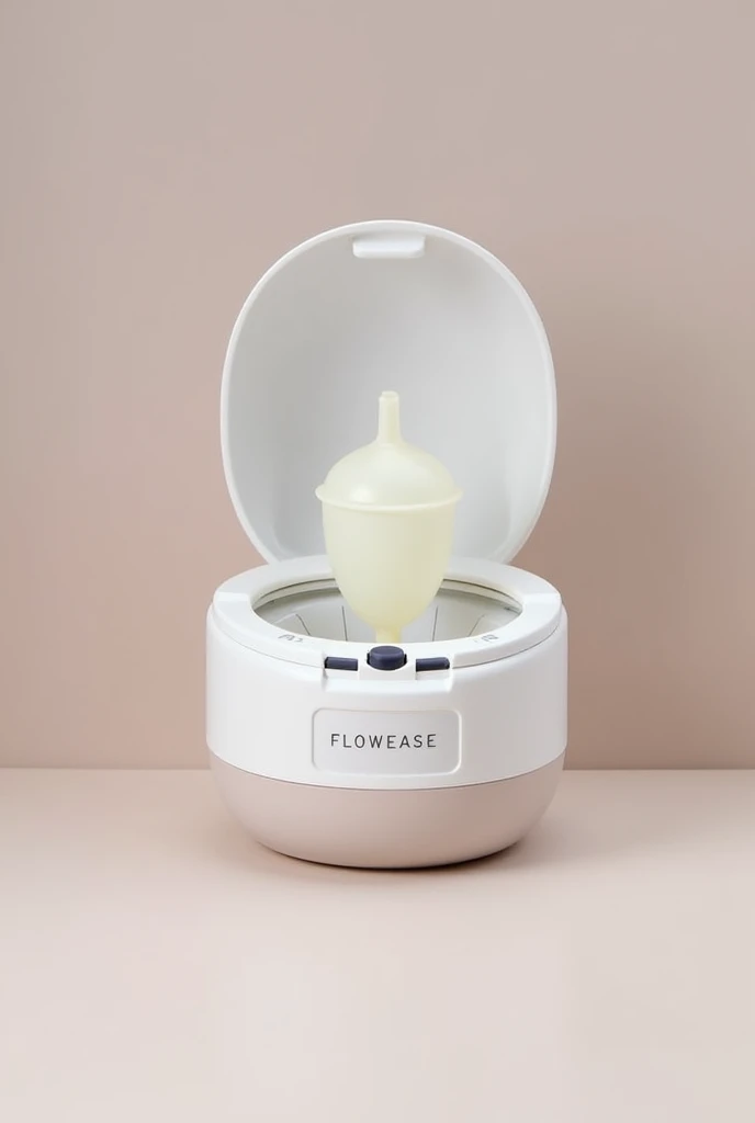 Menstrual cup sterilizer with menstrual cup inside sterilizer with FlowEase name on it
