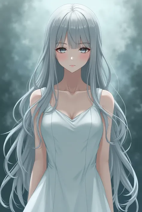 A gray-haired woman with loose hair that falls to her shoulders, wearing a plain white prom dress, but looking mysterious. Anime