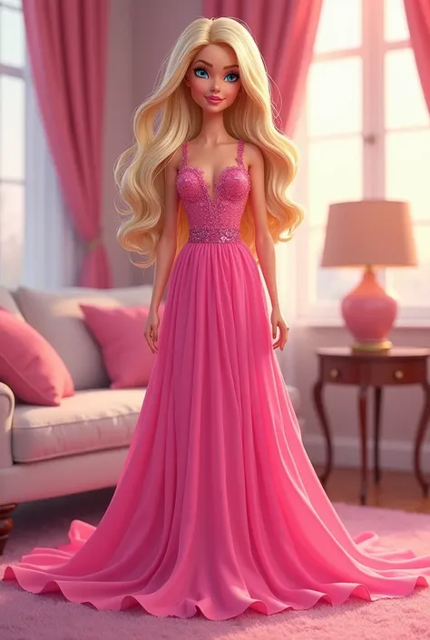 Barbie，Comic Style，European and American female appearance，2D Style，Wearing a pink dress，Light wavy long hair，Luxury living room background，Pink Style，full-body shot，Standing