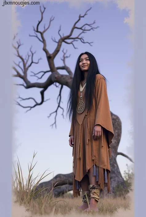 (grainy:0.5), cinematic, Kizi,native american,fancy,(standing alone:1.3), detailedeyes, face detailed, detailed  native american clothing , volumetric lighting, twilight, extremely detailed background, Standing next to the tree, smiling, eyes half closed, ...